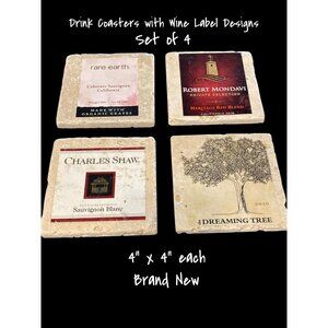 Handmade Natural Stone Marble Drink Coasters - French Wine Theme Set of 4 New